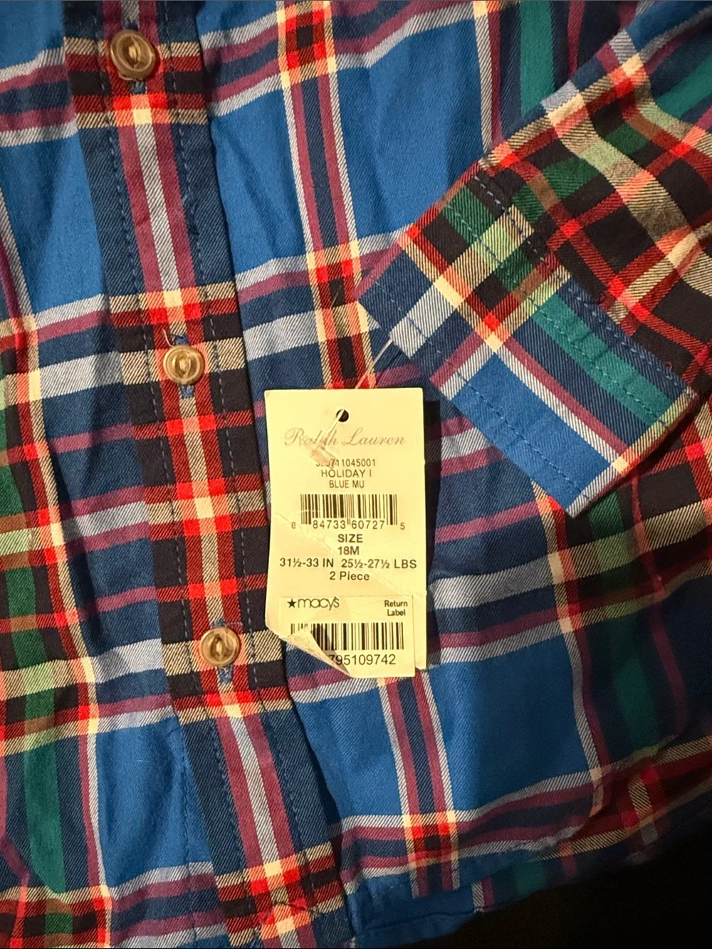 2 piece lot Ralph Lauren Baby Navy Hoodie & Blue Plaid Button-Up Shirt Set 18M